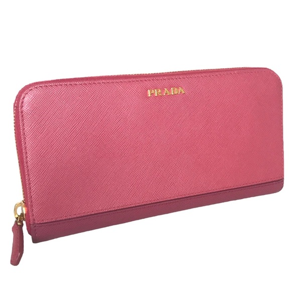 PRADA Long Wallet Purse 1M1157 leather Pink wine red Round zip - Picture 3 of 14